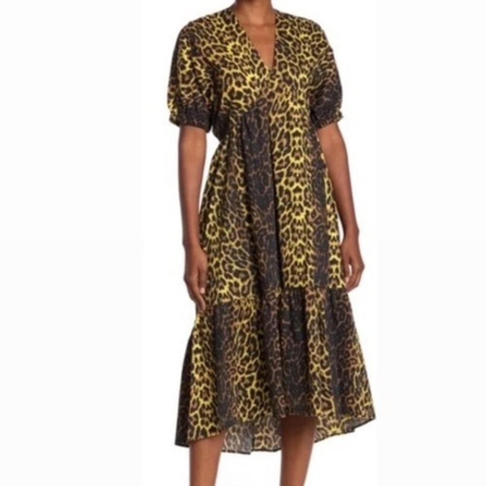 Topshop Maternity Leopard Print Puff Sleeve Tie Back Midi Dress Yellow US 10 G3